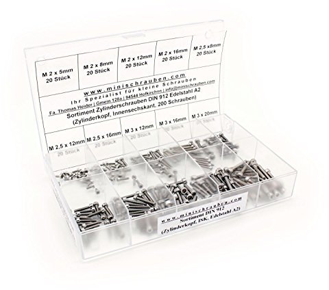 Sortimentskasten mit 200 Stück Innensechskantschrauben nach DIN 912 (M2, M2,5 und M3) aus Edelstahl A2, Innensechskant, Zylinderkopf. Minischrauben Sortiment inkl. beschrifteter Box