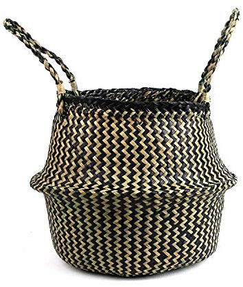 BlueMake Cesta de Mimbre Plegable para Almacenamiento Interior Hecha a Mano para Plantas lavanderia cesto (Medium, Rayas Negras)