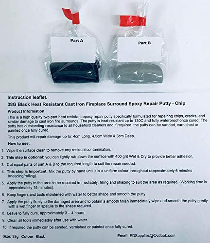 Black Heat Resistant Cast Iron Fireplace Surround Epoxy Repair Putty - Repairs Chips, Cracks and Similar Damage.