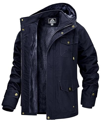 MAGCOMSEN Jacke Herren Winterparka Warm Gefüttert Fleecejacke Winddichte Stehkragen Arbeitsjacke Winterjacke mit Abnehmbarer Kapuze Dunkelblau 2XL