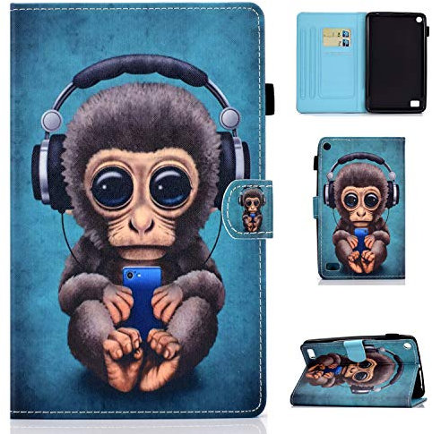 Bspring Custodia per Amazon Fire 7 2015/2017/2019 Tablet, Protettivo Smart Cover in Pelle PU Cuoio Magnetico Flip Portafoglio Case con Supporto TPU Bumper Carta di Credito,Scimmia