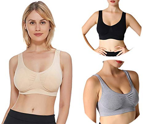 JOJOANS 3er Pack Sports BH Bralette Die ultimative Komfort-BH gepolstert Nahtlose Stretch Action Freizeit hochwertige Unterwäsche (Hautfarben+Schwarz+Licht Grau, L)
