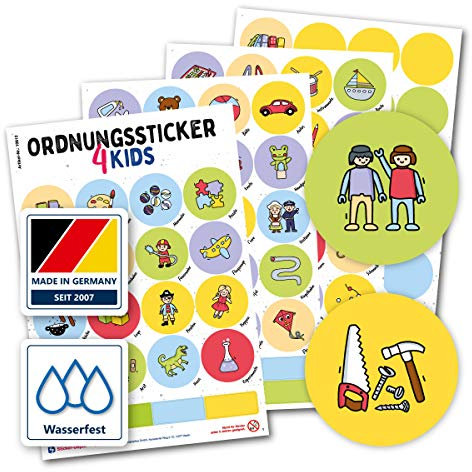 Typographus - 104 kindgerechte Aufkleber für Spielzeugkisten, Boxen & Möbel - Sorgen für Ordnung im Kinderzimmer - Ordnungssticker, Lernen, Aufbewahrung, Ordnungssystem (Farbig, Folie weiß (PVC-Frei))
