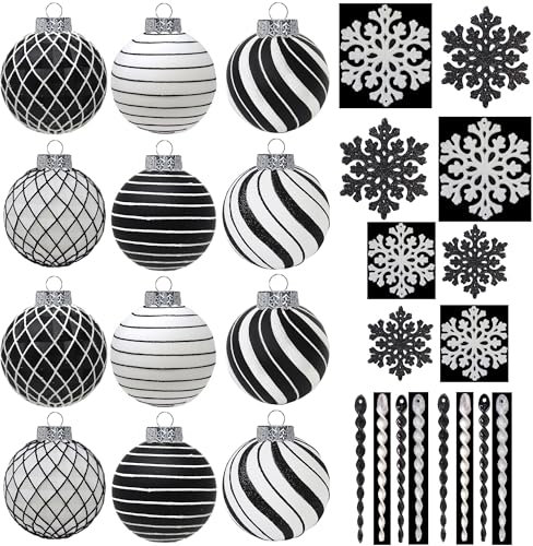 SLEETLY 28pk Black and White Christmas Baubles for Tree Decorations - Holiday Xmas Shatterproof Plastic Ball Ornaments, Icicles and Snowflakes Set