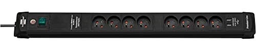 Brennenstuhl Multiprise Premium-Line avec Prises-Chargeur USB, parasurtenseur et 8 Prises de Courant avec Interrupteur (Réglette avec 3m de câble, 2 Ports USB 5V/3,1A, fabriqué en France) Noir