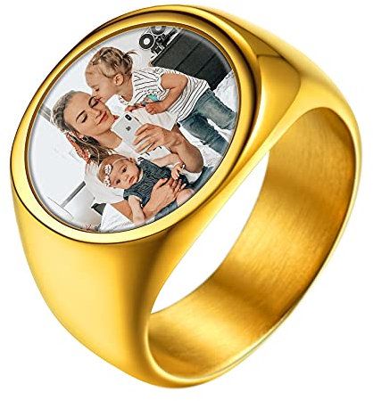 U7 Goldene Ringe Herren Edelstahl Ring Männer Oval Siegelring mit Foto Fingerring mit Gravur Bandring Herren Gold Statement Ring Men Memorial Partnerringe Personalisiert Herrenschmuck für Cocktail