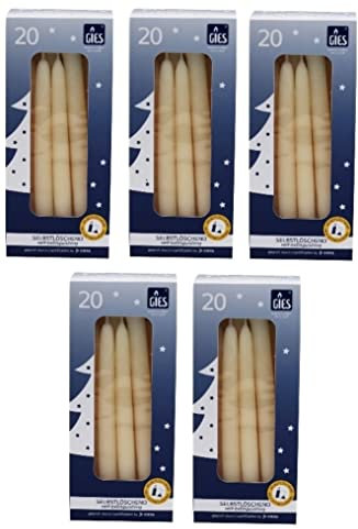 GIES Qualitätskerzen seit 1899, 100 selbstverlöschende Baumkerzen, 124 x 12 mm, cremefarben, handgetaucht, Qualitätscreme, 100 = 5 Packungen