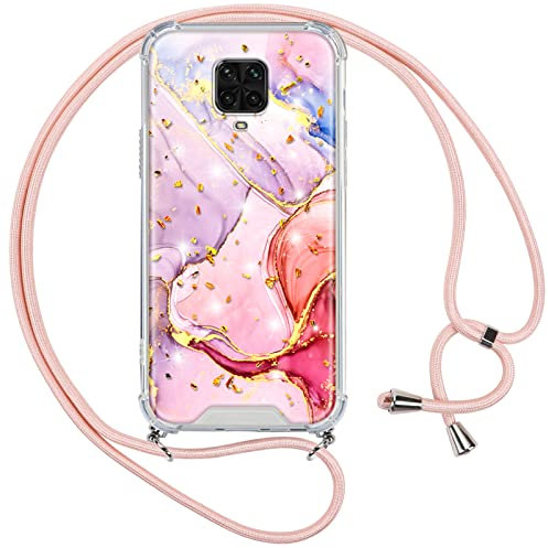 Vauki Glitter Funda con Cuerda para Xiaomi Redmi Note 9(4G) 6,53, Suave Silicona Antigolpes Airbag Bumper Carcasa con Mármol Dibujos,Ajustable Correa de Cuello Cordon Case para Redmi Note 9, Oro Rosa