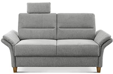 CAVADORE 2-Sitzer Sofa Wyk / 2er Couch im Landhausstil mit Federkern, Kopfstütze + Holzfüßen / 166 x 90 x 89 / Chenille, Hellgrau