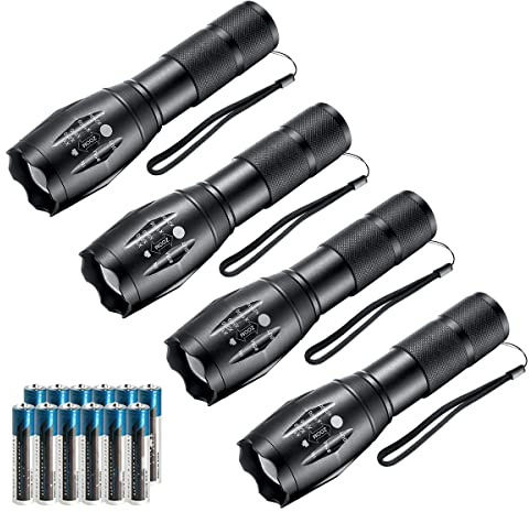 Whaply LED-Taschenlampen, 4 Stück, taktische Taschenlampe, hohe Lumen, mit 12 AAA-Batterien, tragbar, wasserdicht, zoombar, mit 5 Modi, für Camping/Outdoor/Wandern/Geschenk/Notfall (schwarz)