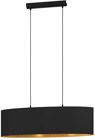 Eglo Pendant Lighting Zaragoza, Textile Ceiling Light Fitting | hanging lamp for dining and living room, fabric shade in black and gold with geometric pattern, E27 socket, 31 in