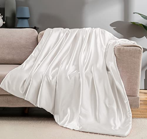 Vonty Satin Throw Blanket Ivory White 90x90 Inches With Small Flowers, Cooling & Silky Cable Knit Big Size for Couch Sofa Bed Outdoor, Wrinkle-Free