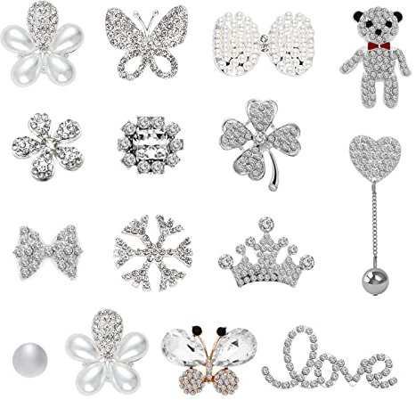 VEGCOO 15 Pcs Shoe Charms for Clog Shoes, Metal Bling Crystal Rhinestone Clog Sandals Decorations Charms, Shining Shoe Decoration Charms for Women Girls Birthday Christmas Party Gifts, Silver