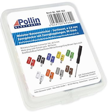 90-teiliges Zwergstecker-Sortiment mit Stecker, Kupplung und Schraubendreher | Ø 2,6 mm | 9x 5 Stück pro Farbe | Elektronik Verbindungsset inkl. Schraubendreher | ABS-Material | Miniatur-Stecker
