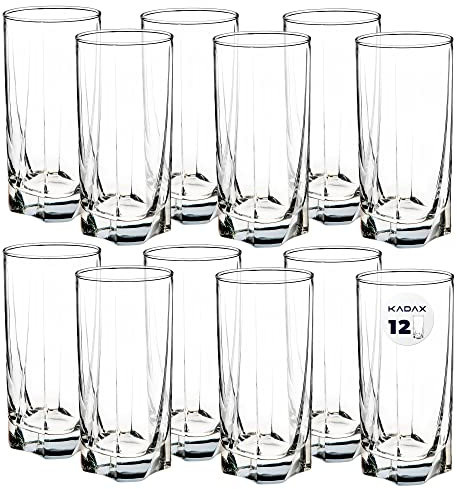 KADAX Trinkgläser aus hochwertigem Glas, 12er Set, Wassergläser, dickwandige Saftgläser, geriffelte Gläser für Wasser, Drink, Saft, Party, Cocktailgläser, Getränkegläser (12er SET 380ml hoch)