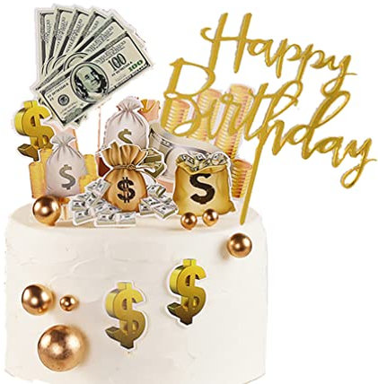 Guoguonb 19 Stück Acryl Happy Birthday Tortenstecker Dollar Banknoten Kuchendekoration Geld Kuchen Topper Cupcake Picks für Geburtstag Event Party Dekorationen