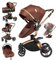 MoLi PU-Leder Kinderwagen 3 in 1, Kinderwagen mit 360° Drehbarem Cabrio-Sitz, Buggy mit Großer Bequemer Babywanne, Kombikinderwagen 3 in 1 Rahmen Aluminiumlegierung Faltbar Hohe Landschaft (906 Brown)