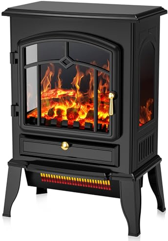 COWSAR Electric Fireplace Stove, Freestanding Fireplace Heater with Realistic Flame, 1000/1500W Fireplace Heater, Overheating Safety Device, Thermostat, Adjustable Flame Brightness