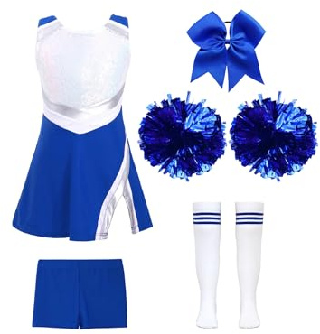 YEAHDOR Kids Girls Cheerleading Costume Cheer Leader Uniform Outfit for Halloween Carnival Festival Sports Games 5pcs Royal Blue 4 Years