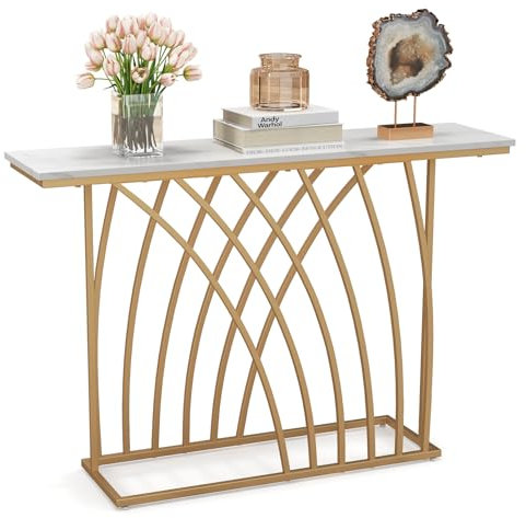 COSTWAY Mesa de Consola, Mesa de Entrada Dorada con Tapa de Mármol Blanco, Base de Diseño Geométrico, Mueble Recibidor para Sofá, Sala de Estar, Pasillo, Capacidad Máx de 20 kg, 30 x 120 x 80 cm
