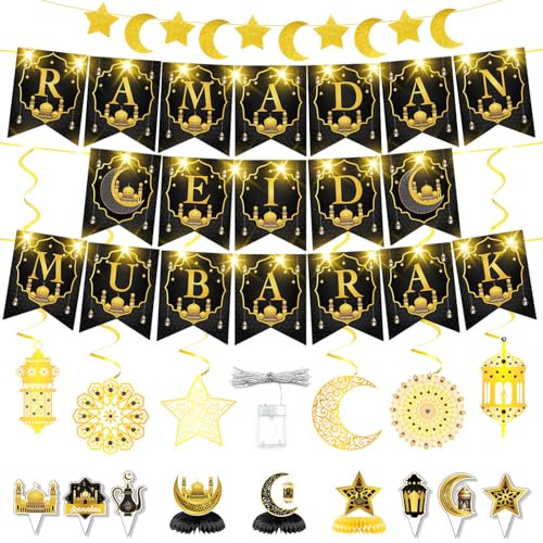 FFZZKJ Ramadan Deko Set Eid Mubarak Dekoration Banner mit 3M 30 LED Lichterkette, Ramadan Mubarak Banner Islam deko, Hängespirale, Mondsichel & Stern Banner für Zuhause Muslim Ramadan Eid Party