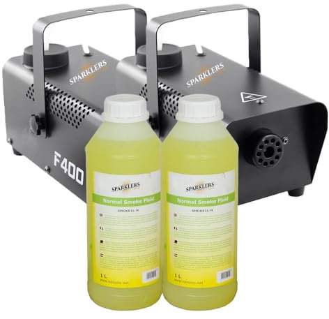 Máquina de humo + líquido de humo, potencia de 400 vatios, muy buen caudal – Tiempo de calentamiento rápido – Depósito de 0,3 litros – Fácil de transportar, ideal para DJ (2 máquinas + 2 L)