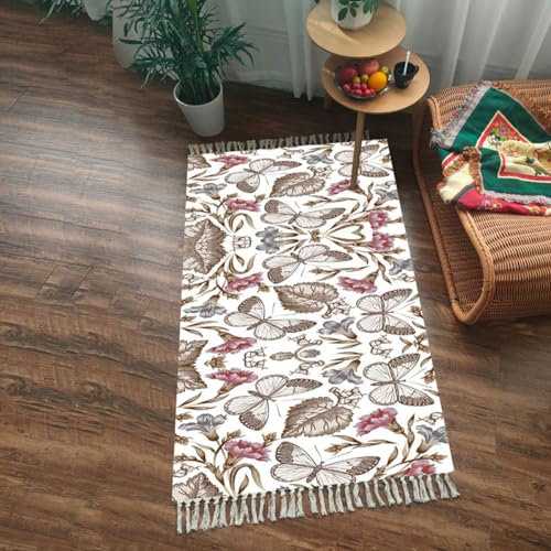 Terafeels Boho Teppich Kurzflor Waschbar - Antirutschunterlage Waschraummatte Blumenmuster für Badezimmer, Eingang, Küche - 60 × 180cm