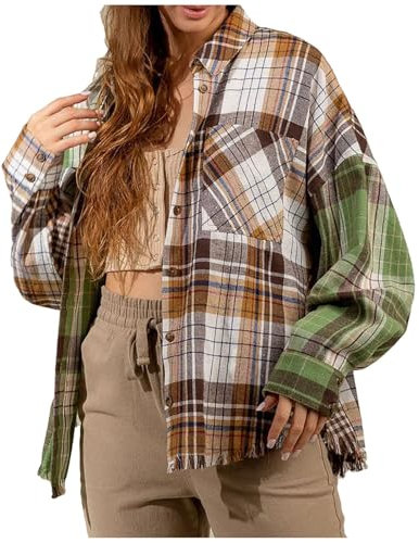 Chemise à carreaux à manches longues pour femme - Chemise à carreaux - Poche poitrine - Confortable - Petite chemise à carreaux pour femme, Vert, XL