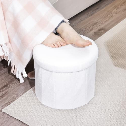 BoxedHome Round Ottomans With Storage, White Foldable Footstool for Dorm Bedroom Living Room, Storage Seat, Teddy Footrest, Vanity Stool Chair & Circle Coffee Table, Support 100kg, 38 x 38 x 32.5 cm
