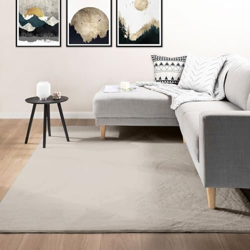 VIMODA Teppich Wohnzimmer Schlafzimmer Fellteppich, kurzflorig - waschbar und Fußbodenheizung geeignet, Farbe:Beige, Maße:120x160 cm