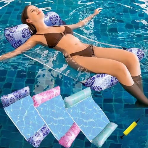 Hamaca inflable para piscina, paquete de 3 hamacas de agua 4 en 1, flotador portátil, tumbona inflable, piscina, playa, verano, con bomba para adultos (paquete de 3)