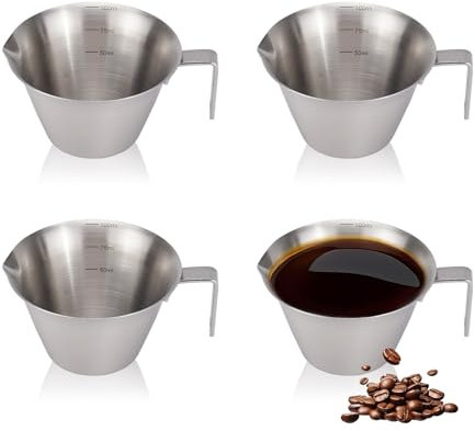 RETON 4 Pcs Espresso Measuring Cup, 3.4OZ Stainless Steel Espresso Cups with Handle, Metal Espresso Shot Cup with Dual Scale, Mini Milk Cup for Barista Coffee Measure (100ML