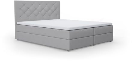 FurniDe24 Boxspringbett mit 2 Bettkästen und Taschenfederkernmatratze H3, Bett mit Zierknöpfen am Kopfteil, Topper-Matratze 3cm, verstärkter Rahmen, grau Samt, 160x200cm - Fano