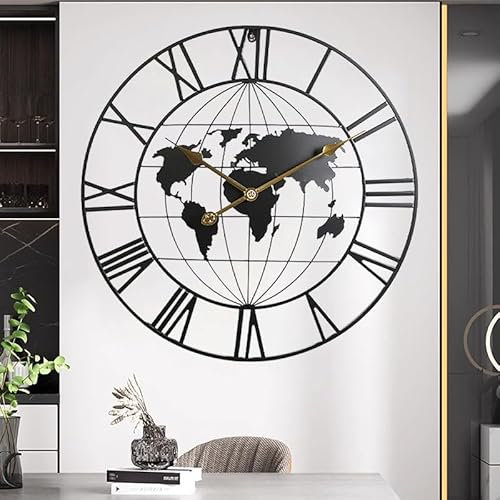 Große Weltkarten-Wanduhr, Metall, minimalistisch, modern, rund, dekorativ, leise, nicht tickend, batteriebetrieben, Wanduhren für Wohnzimmer/Eingang/Küche/Schlafzimmer/Büro/Schuldekoration (61 cm)