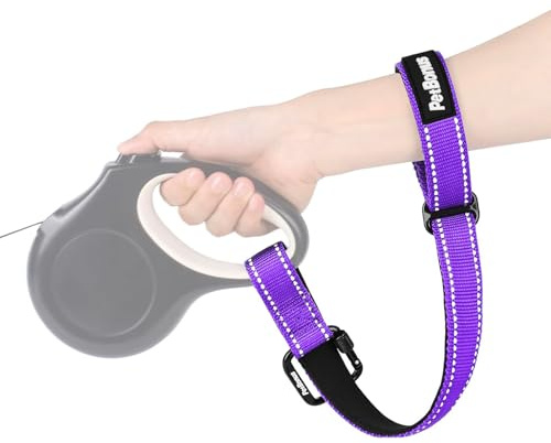PetBonus Dog Leash Wrist Strap with Lockable Clip for Dog Retractable Leash | Adjustable Soft Padded Handle, Reflective, Escape Proof, Heavy Duty, Extra Layer Security for Pet Stroller, Purple