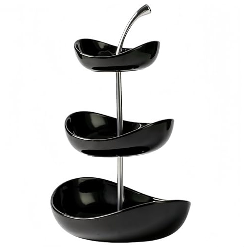 GUASDIE Plateau de fruits à double couche Bol à fruits en céramique à 3 niveaux Bols de service en céramique multicouches avec support en métal, plateau de service,Noir,3 Tier