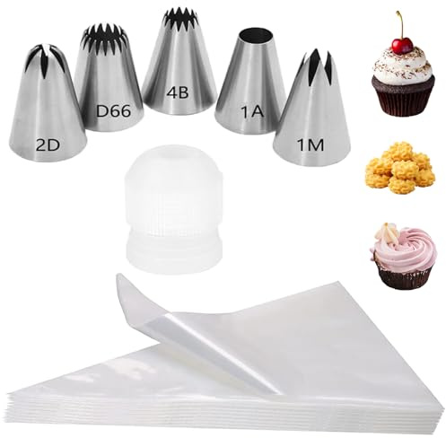 GIONAR Piping Bags and Nozzles, 5 Stainless Steel Piping Tips (2D,4B,1A,1M,D66), 20 Disposable Piping Bags and 1 Converter, for Churros, Macarons, Puffs, Cake Decorating, Cookies