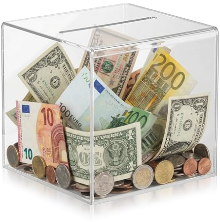 Transparent Spardose Nicht zum öffnen, Spardosen, Geldsparkasse, Klare Acryl Spardose Durchsichtig Spar Box für Scheine Sparschwein für Erwachsene(12x12x12cm)