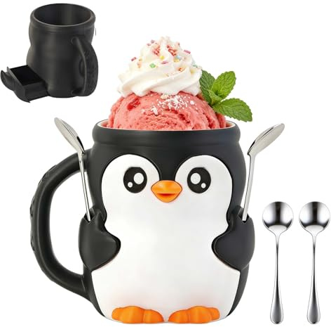 SKIPTHYBER Penguin Ice Cream Pint Holder, 3D Printed Ice Cream Holder 16oz Ice Cream Cups with Anti-Freeze 2 Spoons & Handle, Secret Snack Drawer,for Home Travel Party Camping Picnic School