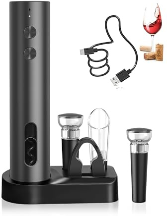 ZOYIDOUX Sacacorchos eléctrico recargable Juego de regalo – Abridor de vino eléctrico con base, Cortador de papel, 2x Tapón de vacío de silicona, Vertedor y Línea USB