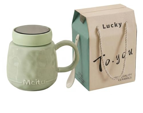 Large Ceramic Coffee Mug, 15.8 oz with mirrored lid and spoon for coffee, tea, hot cocoa, large handle design, microwave and dishwasher safe (Matcha Green Gift Box) (Matcha green gift box)
