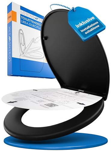 LOBENSWERK Abattant WC noir avec frein de chute [Montage facile] duroplast antibactérien résistant UV | Lunette de toilette clipsable universelle | Cuvette toilette ovale incl. gabarit d’installation