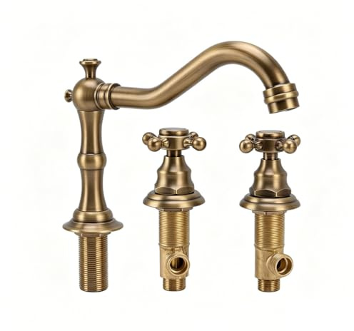 Yjmgrowing Rubinetto da Bagno Vintage a 3 Fori, Miscelatore Lavabo Diffuso in Ottone Antico con Doppie Manopole a Croce, Struttura in Ottone per Mobile Bagno, Facile da Installare