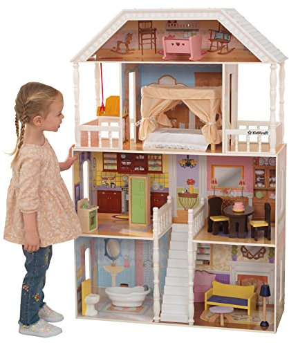 KidKraft Maison de Poupée en Bois Savannah avec Accessoires et Mobilier, 4 Étages de Jeu avec Fauteuil Suspendu et Lit à Baldaquin pour Poupées 30 cm, Jouet Enfant dès 3 Ans, 65023