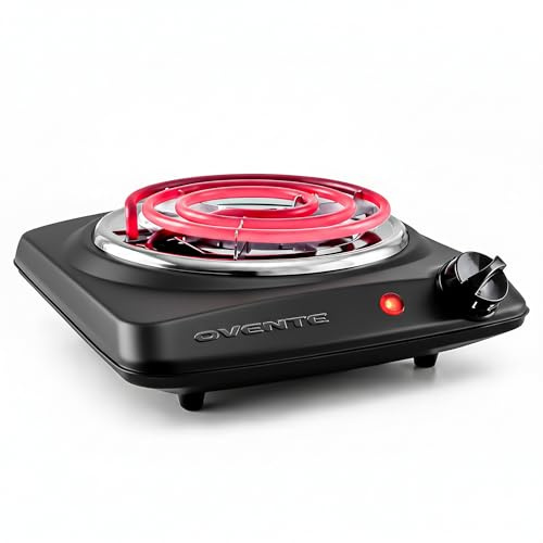 OVENTE Electric Countertop Single Burner, 1000W Cooktop with 6 Stainless Steel Coil Hot Plate, 5 Level Temperature Control, Indicator Light, Compact Cooking Stove and Easy to Clean, Black BGC101B