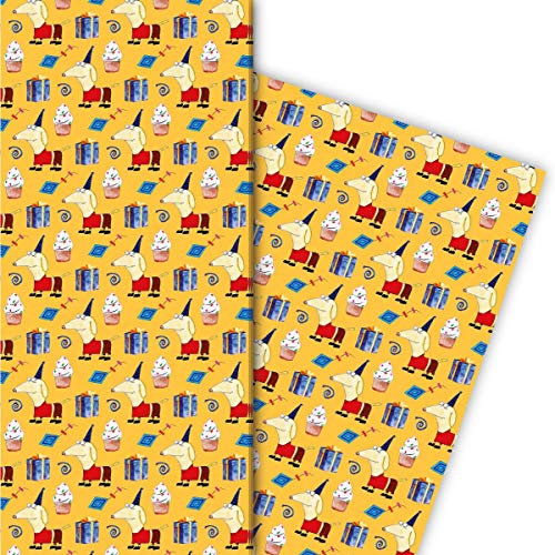 Lustiges Geburtstag Geschenkpapier mit Party Dackel, gelb, für schöne Geschenk Verpackung zum Einpacken 32 x 48cm, 4 Bögen für Geburtstage, Hochzeit, Weihnachtsgeschenke, Dekorpapier