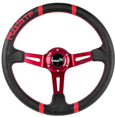 RASTP Universal-Lenkrad, tiefes Lenkrad, Lederstickerei, 345 mm, 6 Schrauben mit Hupenknopf, inklusive Kabel, Schraubenschlüssel, Rot