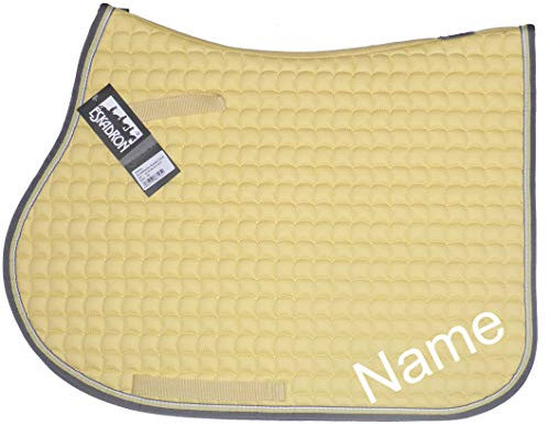 Eskadron Banana Cotton Vielseitigkeit-Schabracke mit individuellem Namen Bestickt, Schriftart:Zürich Calligraph (Schreibschrift), Garnfarbe Maderia:Lemon Frost 1866
