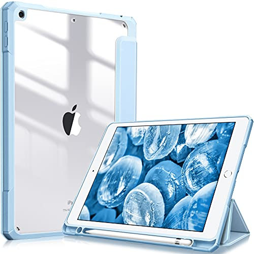 Fintie Funda Durable Compatible con iPad 10,2 2021/2020/2019 (9.ª, 8.ª y 7.ª Gen) con Portalápiz - Carcasa Trasera Transparente a Prueba de Choques Auto-Reposo/Activación, Azul Claro