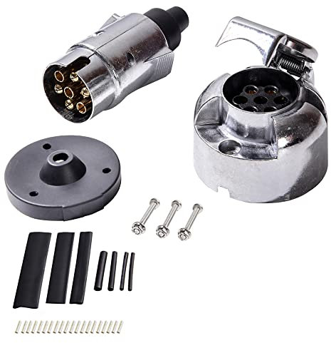 Feuunly Prise Prise Remorque 7 Broches Male Femelle, 12V Métal Prise Attache Remorque 7 Broches Étanche Tapis de Caoutchouc, Avec Tube Thermorétractable Et Déduction Fil De Cuivre(Alliage d'aluminium)